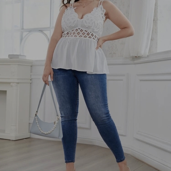 Boho Plus Size Floral Lace Criss Cross Tank Top White - Picture 5 of 17